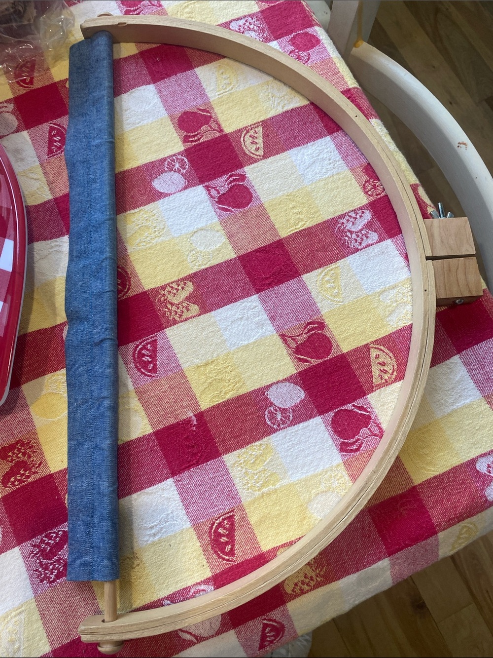 Wooden Embroidery half hoop with Blue Fabric Sleeve